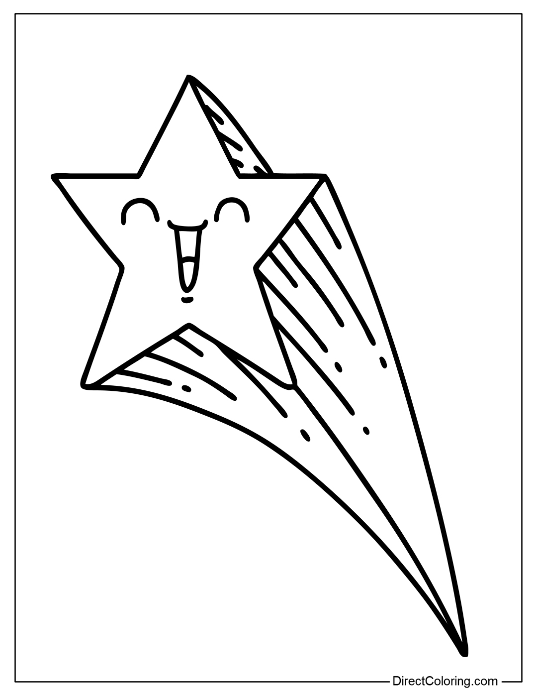 A shooting star coloring page flying across the night sky, trailing a long, bright light